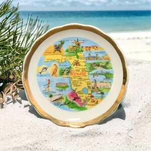 Florida Map Souvenir Plate 3.5" Ceramic Multicolored Collectible Miniature Gift